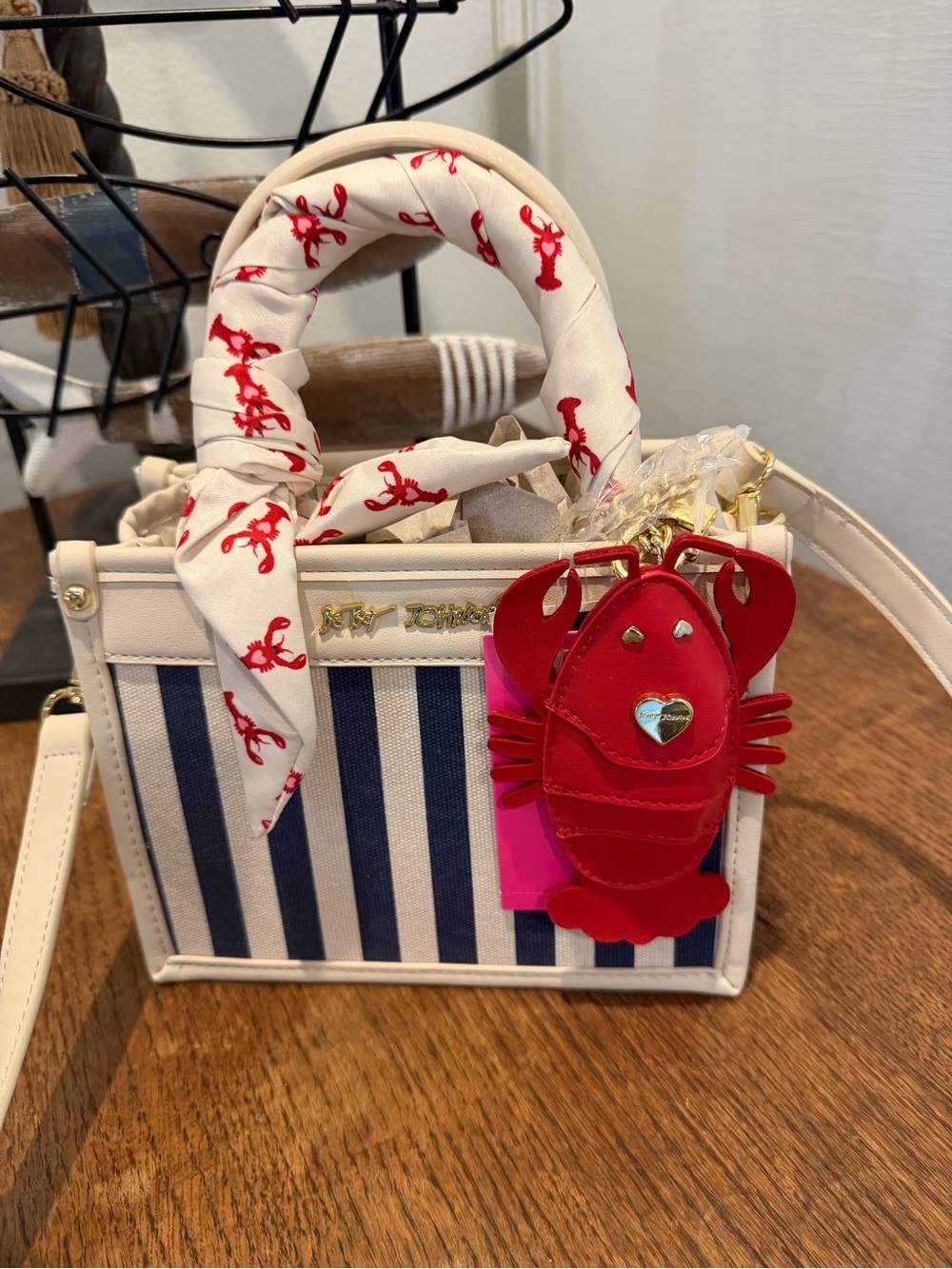 Betsey Johnson Navy and White Striped Mini Satchel with Red Lobster Charm